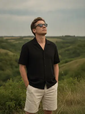 На фоне холмистого пейзажа и под облачным небом изображен мужчина. Фотография передает спокойствие и естественность, с мягким дневным светом, создавая умиротворенную атмосферу. Мужчина стоит в натуральной зелени, окруженной землистыми оттенками, что придает снимку кинематографичность. 