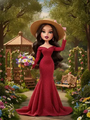 Create a new illustration based on the following prompt:

A young woman with long flowing hair wearing a vibrant red dress is standing confidently in a sunlit garden. She is holding a bouquet of colorful wildflowers in one hand and adjusting a wide-brimmed straw hat with the other. The sunlight filters through the leaves of the trees, casting dappled shadows on the ground around her. The woman's expression is serene and content, with a slight smile playing on her lips. The background features a variety of blooming flowers and lush greenery, creating a peaceful and idyllic setting. The overall atmosphere is one of tranquility and natural beauty. 