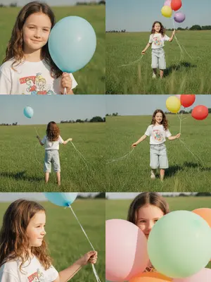 Создай коллаж из 6 фотографий в стиле Pinterest, размещенных в две колонки по три ряда. На каждом снимке изображена модель, стоящая на ярко-зеленой траве в солнечный летний день, держа в руках пучок легких воздушных шариков. Фотографии пропитаны атмосферой старой цифровой камеры или пленки начала 2000-х: мягкая зернистость, теплые отблески, винтажный контраст и естественное непосредственное настроение. 