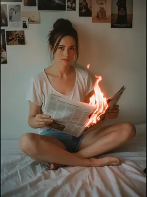 В уютной спальне, окутанной теплым сумеречным светом, женщина сидит на кровати, опираясь спиной на стену. Она босиком, одна нога согнута, другая вытянута, создавая естественную позу. На ней короткие джинсовые шорты и открытый верх, не привлекающий особого внимания. В ее руках открытая газета, ее правая часть и середина покрыты ярким пламенем. Взгляд женщины направлен прямо на камеру, лицо выражает спокойствие с намеком на некоторую уединенность. Съемка сделана с высокого фронтального ракурса. На белой стене в спальне висят разнообразные постеры и вырезки, создавая хаотичный, но уютный вид. Использовано мягкое освещение, эмулирующее пленочную фотографию начала 2000-х годов. Теплый тунгстеновый свет создает кинематографические тени и атмосферу меланхолии. Фотография передает домашний уют с натуральными текстурами кожи и мягким фокусом, придающим изображению особую глубину. 