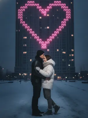На заснеженной улице города, погруженной в поздний вечер, пара стоит в объятиях, создавая романтичный образ. Мужчина, одетый в черную кожаную куртку, нежно целует женщину в белой пуховой куртке на лбу, а она, с закрытыми глазами, улыбается в ответ. В фоне виднеется массивный современный жилой небоскреб, чьи окна на нескольких этажах светятся ярким светом, образуя огромное пиксельное сердце. Освещение сцены драматичное, с контрастами и холодными оттенками неба, но при этом с теплым, неоновым розовым свечением от здания. Снег на земле отражает свет, создавая атмосферу урбанистической зимней кинематографичности. 