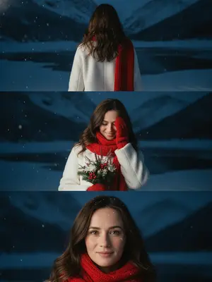 Создай коллаж, сохраняя черты лица без изменений. Представь себе кинематографическую зимнюю сцену, состоящую из трех кадров: девушка на заднем плане, окруженная заснеженными горами и замерзшим озером, освещенная мягким вечерним светом, в то время как снег легко падает. На ней надето белое шерстяное пальто и ярко-красный шарф, а в руках у девушки букет зимних полевых цветов. 

Первый кадр показывает ее сзади, волосы и красный шарф выделяются на фоне темно-синего неба и гор. Во втором кадре она стоит, улыбаясь и глядя вниз, одной рукой держа букет, а другой прикрывая лицо. На руках у нее красные вязаные перчатки, атмосфера полна легкости и свежести. Она по-прежнему одета в белое шерстяное пальто и ярко-красный шарф. 

Третий кадр - это крупный портрет на фоне темно-синего неба, с взглядом, обращенным прямо в камеру. На ресницах виден снег, а на щеках мягкий румянец от холода. Макияж естественный, акцент сделан на глаза. Часть шарфа также заметна. Общее настроение - романтичное, зимнее, с нотками меланхолии, стиль - реалистичный, кинематографический, с контрастом между белым снегом и красными акцентами. Все фотографии сделаны ночью с использованием вспышки, чтобы создать пленочный эффект. 