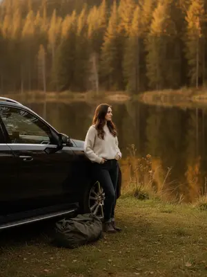 Сделайте живописный снимок у черного автомобиля Audi, стоящего на берегу живописного лесного озера в момент золотого часа. Выберите марку - Audi, Mercedes-Benz или BMW - и создайте гармоничный образ. Нейросеть добавит теплое, мягкое освещение, которое подчеркнет спокойствие позы и создаст атмосферу уюта и путешествия. Если хотите, укажите параметры, такие как рост, телосложение или цвет волос. 
