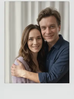 Сделайте снимок с помощью фотоаппарата Polaroid. Фотография должна выглядеть как обычное фото, без четкого объекта или реквизита. На фото должен быть постоянный источник света, такой как вспышка из темной комнаты, равномерно распределенная по всей фотографии. Не меняйте лица. Замените фон за спинами двух человек на белую занавеску. Люди на фотографии обнимаются. 