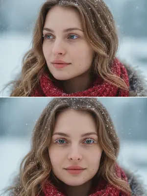 Создай коллаж из двух крупных планов человека на улице зимой. Камера снимает близко, позволяя увидеть лицо, шею и часть одежды. Основное внимание уделяется лицу, глазам и снежинкам, которые прилегли на волосы и ресницы. 