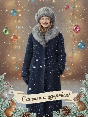 На улице, пушистые хлопья снега летят, создавая зимнюю сказку. Лица на фотографии излучают радость и тепло, словно перенеслись из старого советского фильма. Одеты в пальто и шубы с меховыми воротниками, а на головах у них шапки из меха дорогих зверей. 

Фон украшен размытыми советскими стеклянными игрушками на елке, сверкающими гирляндами и мягкими огоньками. Под ними тянется бежевая лента с пожеланием, создавая атмосферу уюта и ностальгии. Вдоль краев фотографии ветки ели усыпаны снегом, а среди них весело играют белочки, зайчики и шишки.

Изображение выполнено в мягком, пленочном стиле, с нежными кистевыми мазками и тонкой зернистостью, придающей фото особую глубину. На бежевой ленте вдоль нижнего края фотографии выведено пожелание: "Счастья и здоровья!" 