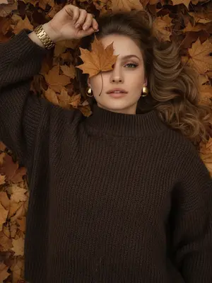 Фотореалистичное изображение, сделанное на iPhone. На плотном ковре из сухих кленовых листьев, окрашенных в золотистые, охристые, медные и коричневые тона, лежит женщина. Камера расположена чуть сбоку от ее тела, под углом, что позволяет увидеть ее голову в верхней части кадра, а корпус уходит вниз. Снимок близкий - женщина занимает почти все пространство, видна от макушки до середины груди, по краям остаются лишь немного листьев. Она расслаблена, голова слегка наклонена, лицо не строго анфас: подбородок повернут вбок, а взгляд направлен в объектив. Одна рука поднята, согнута в локте, и ее тонкие пальцы держат коричневый кленовый лист, который закрывает один глаз, в то время как второй глаз открытый и выразительный. На ней объемный темно-коричневый свитер оверсайз с крупной вязкой, свободно сидящий на плечах и корпусе, с высоким широким воротом и длинными рукавами. На поднятой руке, поверх свитера, находятся золотые часы с массивным металлическим браслетом, без дополнительных украшений. В ушах крупные эффектные круглые золотые серьги. Макияж включает длинные объемные ресницы с 2D-эффектом, а кожа имеет естественную текстуру с видимыми порами, без ретуши. Фон полностью состоит из осенних листьев, без лишних объектов, с немного пониженной экспозицией, натуральной цветопередачей и высокой детализацией, не размыт. 