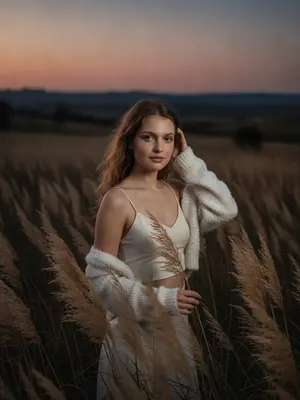 На фотографии изображена женщина, стоящая по пояс в высокой пампасной траве на заднем плане за городом. Камера расположена на уровне ее глаз. Вокруг нее расстилается природное открытое пространство с видом на холмы, редкие деревья и линию горизонта. Мягкие колосья травы плавно колышутся на ветру, создавая атмосферу спокойствия. Съемка происходит в переходный момент между закатом и сумерками, когда небо приобретает мягкий естественный градиент цветов. 