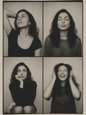 The vintage photobooth collage consists of four frames arranged in a 2x2 grid, with delicate black dividers separating them and a slightly irregular paper border. The setting is intimate, resembling a studio or photobooth, against a plain light background. The images capture a woman authentically, with a grainy film quality, soft contrast, halation, dusty scan artifacts, subtle scratches, and gentle vignetting. The overall vibe is reminiscent of a raw, unedited editorial print from the 1990s or early 2000s, evoking a candid and "caught-between-moments" essence.

Starting with the top-left frame, we see a tight close-up of the woman. Her head is tilted upwards and to the left, with her eyes gazing skyward. One of her arms is gracefully raised behind her head, creating a dreamy aura.

Moving to the top-right frame, a medium close-up reveals the woman with her eyes closed, her head slightly tilted. She subtly pushes her lips forward in a soft pout, exuding a calm and playful demeanor. Her hair delicately frames her face, adding to the serene atmosphere.

In the bottom-left frame, the woman is depicted in another medium close-up. Seated with her knees softly out of focus at the bottom, she rests her chin on one hand, her gaze directed towards the upper right corner. Her expression is thoughtful, adding depth to the composition.

Lastly, the bottom-right frame captures the woman in a medium close-up, bursting into laughter. The image is intentionally blurred, with heavy motion blur or defocus, as if she moved during the shot. Despite the distortion, her smile and face remain recognizable, surrounded by streaked hair and hands, emanating an imperfect photobooth misfire energy.

The print/scan appearance is monochromatic with warm gray tones, faded blacks, and varying exposure levels between frames. Light leaks and visible paper texture contribute to the analog aesthetic, with slightly uneven edges resembling a scanned photobooth print. The high resolution adds a touch of realism, deliberately preserving imperfections for an authentic feel. 