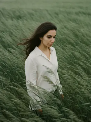 In a vast field of wind-swept sage green grass, a solitary figure stands amidst the flowing waves of tall grass. The subject wears a simple white shirt that contrasts softly with the lush green surroundings. Hair tousled by the wind, strands moving naturally in the breeze. With a gentle tilt of the head and eyes cast downward, a sense of quiet introspection and melancholy fills the atmosphere.

The expression is calm, distant, and restrained, capturing a mood of emotional depth. The frame is composed slightly off-center, from a subtle elevated angle, immersing the viewer in the texture of the grass without a visible horizon. The color palette is muted, with shades of sage green, deep olive, and soft off-white creating a natural and serene ambiance.

Shot from a telephoto perspective with a shallow depth of field, the cinematic framing enhances the editorial quality of the image. Film photography aesthetics add visible grain and a soft edge, while the grass sways with atmospheric motion blur driven by the wind. The scene tells a quiet, poetic story with ultra-detailed realism fit for a magazine cover. No text or watermark distracts from the pure visual narrative. 