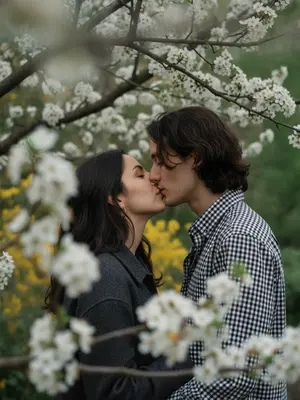 A woman and a man are locked in a tender kiss, their profiles touching, eyes shut in a moment of intimacy. The camera captures them up close, from shoulders to heads, with the focus at eye level, surrounded by blooming boughs. The foreground is a blur of branches and flowers, framing their faces at the center of the shot.

Their skin looks flawlessly smooth and matte, basking in the gentle light. The man sports a black and white checkered cotton shirt, while the woman is clad in a dark gray jacket.

The setting is beneath a blossoming tree, its dense branches adorned with large white flowers and yellow stamens, creating a natural archway around the couple. In the background, yellow blooms add a touch of color to the scene.

The lighting is soft and even, with no distinct source, casting a muted, cool tone over the frame. Shadows are almost non-existent, and the green and white hues dominate. The skin glows subtly in the subdued highlights, complemented by the pronounced film grain.

Shot with an 85mm lens, the focus is razor-sharp on their lips and the meeting point of their faces, blurring out the man's shoulder and nearby branches in the foreground. The background foliage melts into bokeh, enhancing the dreamy, romantic atmosphere of the scene.

The overall aesthetic is reminiscent of a Candid Film portrait, capturing the essence of a soft, spring day with a botanical backdrop. The color palette is dominated by white blossoms, deep greens, and dark charcoals, all bathed in a cool, diffused light. The film grain adds a touch of nostalgia, while the shallow depth of field creates a sense of intimacy and focus on the couple's connection. 