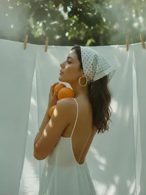 A woman stands outdoors, her profile captured in a shoulder-up portrait. White linen sheets flutter on a clothesline behind her, secured by wooden clothespins. She dons a delicate summer dress with slender straps and an alluring open back that bares her shoulders. Her head is adorned with a white scarf featuring a small repeated black circular pattern, tied at the nape. Large textured gold hoops sway from her ears.

In a graceful pose, she tilts her chin slightly upwards, cradling a half of an orange near her face. Two whole oranges rest against her shoulder and chest, adding a touch of whimsy to the scene. The natural sunlight filters through the canopy of leaves, casting soft, dappled shadows on her skin and the fabric of her dress.

The ambiance is imbued with a warm, vintage charm, reminiscent of analog film aesthetics. The color grading enhances the image with slightly muted greens and rich citrus orange tones. Subtle film grain adds texture, while gentle softness and highlight bloom lend a dreamy quality. The shallow depth of field creates a cinematic feel, evoking a sense of lifestyle photography. 