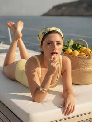 На яхте, в атмосфере Dolce Vita, женщина с лимонной банданой лежит на санбэде рядом с плетеной корзиной, полной лимонов. Ее средний план показывает, как она лежит на животе, поднявшись на локтях. Пальцы правой руки игриво прикасаются к губам, ноги согнуты, взгляд устремлен в объектив. Она одета в купальник пастельно-желтого оттенка из фактурной ткани и подходящую бандану. На ее руках блестят золотые кольца и браслет. Ягодная помада украшает ее губы. Фон заполнен плетеной корзиной, а за ней виднеется палуба, скалы и голубое море. Теплый свет создает золотистые отражения на ее коже. Фотоаппарат с объективом 50 мм, f/2.2, ISO 100, формат RAW, захватывает детали лимонов, украшений, банданы и губ. Нет искусственного разглаживания кожи, только естественная текстура и видимые поры. 
