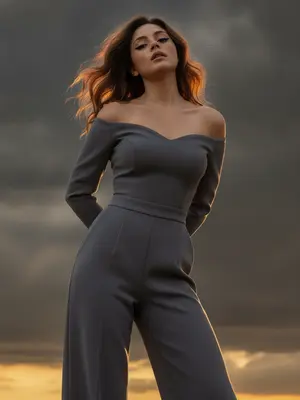 Портрет в стиле моды modest fashion с глубокой атмосферой. Женщина стоит перед камерой, фоном служит закатное небо. Ее тело повернуто прямо, создавая изящную позу-S. Руки лежат за спиной, голова слегка наклонена назад. Ее взгляд дерзкий, направленный в объектив. Губы нежно раскрыты, волосы развеваются на ветру. Черные стрелки подчеркивают глаза, а губы выглядят влажными. 