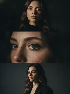 Создай коллаж из трех кадров, вдохновленных внешностью человека на фото. 

Первый кадр: Лицо человека наклонено, взгляд направлен прямо в объектив. Один глаз окутан светом, другой погружен в тень, придавая образу загадочности. Черная одежда добавляет интриги, а темный фон с мягким светом выделяет контуры лица.

Второй кадр (глаз): Близкий план ее глаза захватывает взор - длинные ресницы, яркая радужка, отражения. Взгляд проницательный и глубокий, на фоне абсолютной черноты.

Третий кадр: На этом снимке человек смотрит уверенно влево, голова слегка повернута в ту же сторону. Черная одежда и темный фон создают атмосферу загадочности. Жесткий боковой свет подчеркивает контуры лица, создавая драматические тени. Стиль съемки - сырой, с винтажной зернистостью, наполненный драматизмом. 