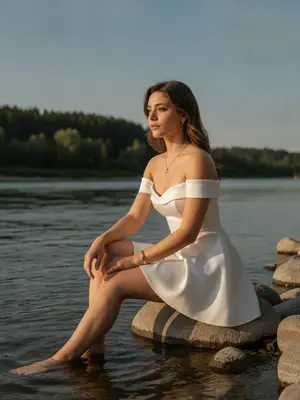 Женщина сидит на гладких камнях у реки, где вода плавно шуршит. Ее тело немного повернуто к воде, одна нога изящно согнута, ступни касаются воды. Взгляд устремлен вдаль, лицо выражает задумчивость и спокойствие. Фотография вертикальная, сделана на уровне глаз с небольшим наклоном. На шее блестит тонкая цепочка с кулоном, а на запястье носит минималистичный браслет. 