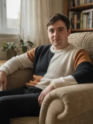 Превратите данное животное в человека, убрав все признаки животного: мех, уши, усы, морда, хвост и прочее. Однако сохраните его уникальные черты и особенности, чтобы персонаж оставался узнаваемым. Особое внимание следует уделить выражению лица, позе, эмоциональному состоянию и визуальной идентичности, включая цветовую гамму, стиль и аксессуары. Результат должен быть убедительным и похожим на реалистичное человеческое воплощение данного персонажа. Пол персонажа: мужской. 