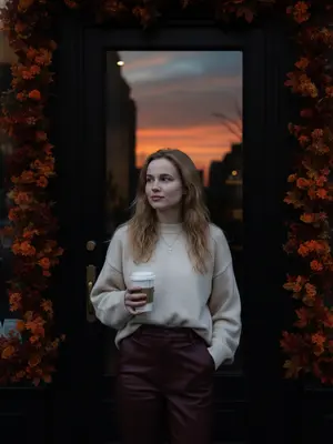 На улице сделан снимок, где изображена женщина с крестиком Tiffany, свисающим с ее шеи. В одной руке она крепко держит белый стакан с кофе на вынос, а взгляд ее устремлен в сторону, словно она погружена в свои мысли. На губах играет едва заметная улыбка, а волосы слегка колышутся на ветру, придавая образу легкость и свежесть. 