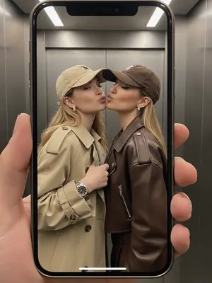 На смартфоне iPhone 16 Pro Max, цвета титан, отражается ультрареалистичное изображение двух моделей в лифте. Они стоят плечом к плечу, лица приближены к камере, изображая игривые поцелуи губами. Модель слева: носит бежевую бейсболку Ralph Lauren с вышитым логотипом поло, огромный тренч-жакет цвета беж с широкими рукавами и крупными пуговицами. На ухе блеск серебряных сережек-гвоздиков с бриллиантами, а на запястье - массивные серебряные часы с крупным циферблатом. На пальце блестит кольцо в виде дорожки из стразов. Макияж с хайлайтером, ресницы с эффектом лисьих хвостов. Обе модели слегка наклонены головами друг к другу, создавая непосредственную близость. Лифт современный, просторный, освещен мягким светом, равномерно подсвечивающим их лица. Фотография в зеркале на iPhone 16 Pro Max выполнена в стиле высокой реалистичности. 