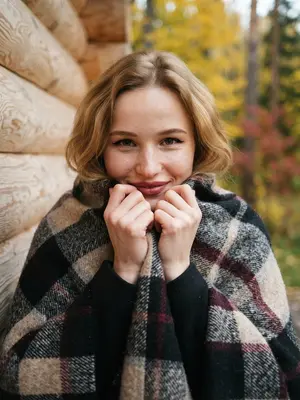 На улице, в осенний день, запечатленный в теплых оттенках золота и оранжевого, создается атмосфера уюта и романтики, пронизывающая снимок. На заднем плане виднеется стена из светлых деревянных бревен, за которой раскинулись деревья с яркой желто-красной листвой, придающей изображению эффект размытия. Модель, стоя полубоком к объективу, слегка поворачивает корпус, а ее голова наклонена в сторону, с мягкой улыбкой, направленной на зрителя. Она завернута в объемный, теплый клетчатый плед, в котором гармонично сочетаются черные, серые, бежевые и бордовые оттенки. Края пледа она держит руками у подбородка, скрывая нижнюю часть лица, а под ним угадывается темная одежда - возможно, юбка или брюки. Мягкое, естественное освещение акцентирует внимание на текстуре как пледа, так и деревянных бревен, создавая атмосферу спокойствия и меланхолии. Модель выглядит как настоящая профессиональная фотомодель. 
