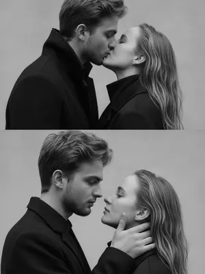 На фотографии в черно-белой гамме запечатлены два нежных момента, создавая диптих. В верхнем кадре пара целуется - мужчина в темном пальто с высоким воротником, его губы встречаются с губами женщины. Женщина в темном пальто с воротником-стойкой, с приподнятым подбородком, создает интимную атмосферу.

В нижнем кадре мужчина и женщина смотрят друг на друга на близком расстоянии. Мужчина с серьезным выражением лица смотрит прямо на женщину, а женщина с головой, слегка запрокинутой, и почти закрытыми глазами, придает моменту чувственность. Рука мужчины нежно поддерживает ее лицо, выражая заботу и эмоциональную связь.

Черно-белая палитра подчеркивает драматизм снимка, сосредотачивая внимание на текстуре и эмоциях. Одежда пары проста и темная, гармонируя с общим настроением. Нейтральный светлый фон создает контраст с их одеждой. Диптих показывает два момента близости, создавая историю любви и страсти. Этот снимок излучает элегантность и высокий стиль, передавая глубокую любовь и страсть. 