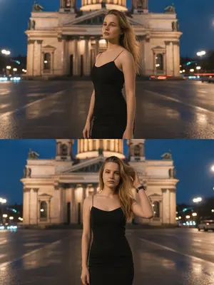 Фотография, сделанная на смартфон, представляет собой вертикальный коллаж из двух размытых ночных кадров, разделенных горизонтальной линией. На обоих фрагментах изображения можно увидеть фигуру человека, стоящего на проезжей части напротив величественного собора с колоннами. Съемка выполнена с уровня груди с легким нижним ракурсом. Архитектурные детали подсвечены теплыми уличными фонарями, а небо окрашено в глубокий синий оттенок. Вдали виднеются синие и желтые огни города, а следы машин и фары размыты на заднем плане. 