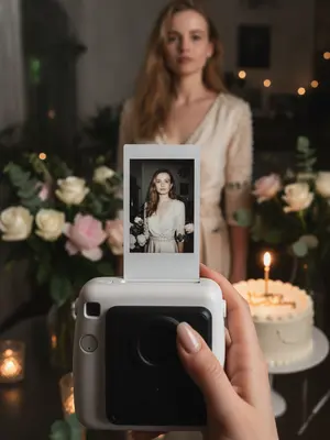 Transform the original image into a luxurious birthday party setting, maintaining the person's unique features and identity. The scene should exude an intimate, candid vibe, reminiscent of a spontaneous snapshot taken with an iPhone in dim lighting. The focus should be on a white instant camera capturing a freshly printed polaroid photo, held by a natural-looking hand with polished nails if suitable.

The polaroid should display the person elegantly posing at their birthday celebration, exuding confidence and refinement. Their outfit should be transformed into a polished, gender-appropriate birthday look that complements the original reference photo. In the background, a subtly blurred image of the person in the same outfit should be visible, creating a harmonious composition.

Surrounding the scene, include tasteful birthday decorations such as elegant flowers that match the subject's outfit and the overall color scheme. A birthday cake with a single lit candle, adorned with neat "Happy Birthday" icing, should be placed to the side. The lighting should be a mix of direct flash highlights, warm candle glow, and soft party lights, enhancing the atmosphere of the luxury birthday setting.

Maintain a realistic aesthetic with attention to detail, ensuring no changes to the person's facial structure, identity consistency between the polaroid and background, or deviations from the elegant and cohesive color palette of the original reference image. 