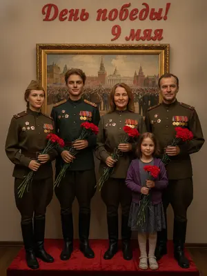 Создайте восковую фигуру вашей семьи, одетой в военную форму с медалями, с красными гвоздиками в руках. Поместите фигуру на фоне винтажной советской картины, выполненной маслом. На заднем плане будут видны надписи «День победы!» и «9 мая». Пожалуйста, загрузите от 1 до 5 фотографий для создания открытки ко Дню Победы. 