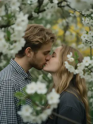 A woman and a man are locked in a tender kiss, their profiles touching, eyes shut in a moment of intimacy. The camera captures them up close, from shoulders to heads, with the focus at eye level, surrounded by blooming boughs. The foreground is a blur of branches and flowers, framing their faces at the center of the shot.

Their skin looks flawlessly smooth and matte, basking in the gentle light. The man sports a black and white checkered cotton shirt, while the woman is clad in a dark gray jacket.

The setting is beneath a blossoming tree, its dense branches adorned with large white flowers and yellow stamens, creating a natural archway around the couple. In the background, yellow blooms add a touch of color to the scene.

The lighting is soft and even, with no distinct source, casting a muted, cool tone over the frame. Shadows are almost non-existent, and the green and white hues dominate. The skin glows subtly in the subdued highlights, complemented by the pronounced film grain.

Shot with an 85mm lens, the focus is razor-sharp on their lips and the meeting point of their faces, blurring out the man's shoulder and nearby branches in the foreground. The background foliage melts into bokeh, enhancing the dreamy, romantic atmosphere of the scene.

The overall aesthetic is reminiscent of a Candid Film portrait, capturing the essence of a soft, spring day with a botanical backdrop. The color palette is dominated by white blossoms, deep greens, and dark charcoals, all bathed in a cool, diffused light. The film grain adds a touch of nostalgia, while the shallow depth of field creates a sense of intimacy and focus on the couple's connection. 