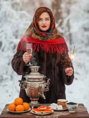 Создайте зимний портрет на фоне заснеженного леса, где я стою за столом, украшенным для чаепития. На мне - роскошная шуба из баргузинского соболя, а на голове красный русский павлопосадский платок, выделяющийся на фоне красной помады. Мой взгляд обращен в объектив. На столе стоит старинный серебряный самовар с золотистыми узорами, а также мандарины, русские сладости, бутерброды с икрой, и маленькая миска с черной икрой. Вокруг лес покрыт инеем и снегом, а освещение создает кинематографический эффект с мягким боке и теплым тоном. Детали меха и узоров на платке проработаны до мельчайших деталей. В моей правой руке бокал шампанского, а в левой - бенгальский огонь. 