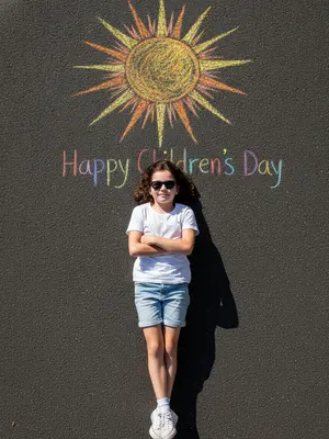 From above, a child lounges on the rough, dark asphalt. Above their head, a sun drawn in bright chalk beams with vibrant rays. The child sports black shades, a tee, denim shorts, and sneakers paired with white socks. Their arms are folded on the chest, legs crossed at the ankles. The chalk sun shimmers in yellow, orange, and golden hues. The harsh midday sunlight casts sharp shadows, creating a high-contrast scene. The atmosphere is playful and summery. On the ground, colorful chalk letters spell out "Happy Children's Day". The image is photorealistic, in 8k resolution, with intricate details. 