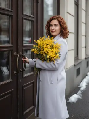 Женщина стоит у входа в уютное кафе, где дверь из темного дерева с стеклянными вставками. Ее фигура слегка повернута к нам, лицо обращено к двери. Одной рукой она прикасается к ручке, другой нежно обнимает огромный букет яркой мимозы, словно цветок стал ее спутником. На ней светлое пальто нежного оттенка, силуэт которого придает ей элегантности. Волосы, легко развевающиеся на ветру, добавляют образу женственности и загадочности. Лицо украшает мягкая улыбка, взгляд направлен прямо на нас, словно приглашая в мир весеннего утра. Вокруг царит атмосфера пробуждения весны: тающий снег у обочины, влажный асфальт и легкий воздух, наполненный прохладой. Цветовая гамма нейтральная, но яркая мимоза добавляет ярких красок сцене. Фотография выполнена в стиле фотореализма, передавая натуральность ткани и цветов, с мягким контрастом и естественным видом, словно сделана на классическом объективе 35 мм. 