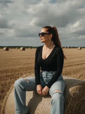 На фотографии в стиле high-fashion editorial, женщина сидит на большом тюке сена в сельской местности. Ее корпус слегка повернут, одна нога свободно опущена, а другая согнута, создавая расслабленную, но выразительную позу. Руки лежат естественно на колене и поверхности тюка. Взгляд направлен в сторону, профиль лица выражает спокойствие и уверенность. Женщина одета в черный топ с V-образным вырезом и объемные светлые джинсы с потертостями. На ней крупные солнцезащитные очки и минималистичные украшения. Фон состоит из открытого поля с несколькими тюками сена, создающими перспективу. Линия горизонта находится ниже центра кадра, подчеркивая небо. Освещение жесткое, натуральное, смягченное облаками, создающее выразительные тени и контраст. Стиль фотографии кинематографичен, с пленочным зерном и высокой детализацией. Редакционный fashion стиль акцентирует внимание на атмосфере и пространстве кадра. 
