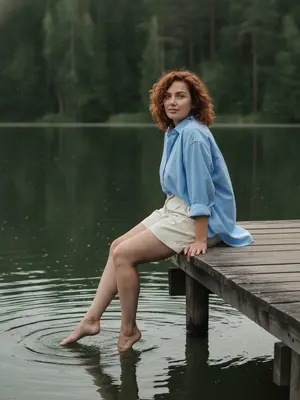 На фотографии, сделанной на iPhone, изображена модель, сидящая на деревянном пирсе у тихого лесного озера. Она присутствует в кадре в полный рост, фотография сделана со среднего расстояния. Камера расположена немного в стороне от пирса, на уровне талии модели, создавая непривычный ракурс. Пирс уходит в глубь справа, а вода и густой лес занимают основную часть фона, создавая атмосферу уединения и спокойствия. 