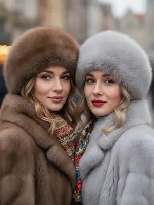Создан кадр, который излучает теплоту и уют зимнего времени, пропитанный легкой ноткой ностальгии в стиле моды и фольклора. В атмосфере царит спокойствие, элегантность и дружественная близость между двумя моделями. Одна из них утонченно одета в мех и украшена профессиональным макияжем, другая же в фольклорном стиле с вышитым шарфом.

Композиция кадра вертикальная, в формате портрета соотношением 3:4. Две женщины занимают центральное место, их тела и головы видны на уровне груди, причем правая модель немного ближе к камере. Они стоят рядом, прижавшись друг к другу, с плечами, слегка повернутыми к объективу. Взаимодействие между ними выражено мягкой улыбкой, закрытым выражением лица и уверенным взглядом в камеру, что создает дружелюбную и теплую атмосферу.

В области лиц и макияжа у обеих моделей гладкая кожа с естественным сияющим эффектом. Глаза украшены аккуратными бликами, придающими живость взгляду, а макияж теней выполнен в нейтральных и теплых тонах. Брови имеют естественную форму и легко подчеркнуты, а губы украшены насыщенным матовым красным оттенком у одной модели и нежно-розовым у другой. Волосы украшают свободные пряди с легкой волной, придавая образу естественность.

Шапки, которые дамы носят, большие и пушистые, с очень четкой текстурой меха. Справа представлена светло-серая шапка, а слева коричневая. Они высокие, округлые, плотно облегают голову, частично закрывая лоб и создавая рамку вокруг лица. Верхняя одежда выполнена из густого натурального меха, коричневого у одной модели и светло-серого у другой, с богатой текстурой и объемом. У девушки справа на плече носит маленький платок с т 