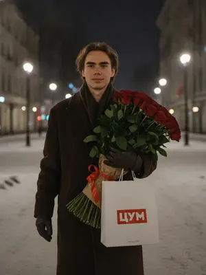 Мужчина в темно-коричневом пальто, шагает по улице, покрытой снегом, под ночным небом. В его руках громадный букет красных роз с зелеными листьями и пакет отмеченный логотипом "ЦУМ". Его взгляд сосредоточен, излучая уверенность и спокойствие, с легкой улыбкой на лице. Вспышка освещает его лицо и аксессуары, создавая игру света и тени, подчеркивая контуры лица и верхней одежды. На заднем плане пространство города, покрытое снегом, с приглушенными огнями уличных фонарей и пустыми улицами, что придает ощущение уединения и стиля. Съемка выполнена на объективе 85 мм с диафрагмой f/1.4, с акцентом на лице и аксессуарах мужчины. 