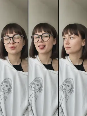 Фотография состоит из трех частей, каждая вертикальная. Девушка на снимках одета в оверсайз белый худи с графитовым рисунком, который сползает с одного плеча, показывая черный топ с халтером. В ухе у нее несколько сережек-кафф. На первой части фото видна ее полуулыбка, губы, приоткрытые для поцелуя, и подмигивающий глаз. На второй части она игриво высовывает язык, а на третьей смотрит в сторону. Макияж натуральный. Фон - светлый, минималистичный интерьер комнаты. Освещение мягкое, сфокусированное спереди, с высоким разрешением, создающее гиперреалистичный эффект. На изображении есть небольшое зерно. Кадр заполнен с края до края, без полей и рамок. 