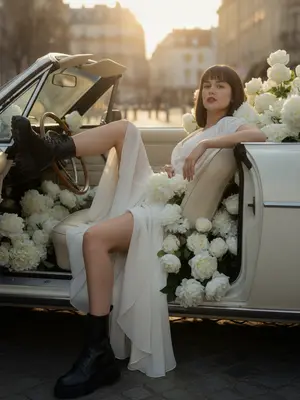 A cinematic fashion editorial captures the essence of luxury and romance as a woman lounges gracefully inside a vintage convertible adorned with a lavish abundance of pure white flowers like roses, peonies, and hydrangeas, spilling over the seats and cascading along the edges.

The scene unfolds with the foreground dominated by the woman's legs, elegantly posed with one knee raised slightly higher, creating a sense of relaxed confidence. Her body leans back, head subtly tilted, and her gaze exudes a serene assurance, all while her arms rest naturally in a pose of effortless elegance.

Dressed in a light, flowing white or cream dress that billows softly around her, juxtaposed with chunky black leather combat boots, the styling combines elements of softness and edge. Her makeup features a bold red lipstick and thick lashes, enhancing her natural beauty.

Captured in the soft glow of the golden hour, the setting sun casts a warm, cinematic light on the scene, creating a dreamy atmosphere. The background showcases softly blurred architecture reminiscent of Parisian charm, adding a touch of sophistication to the composition.

The image is imbued with a romantic yet edgy mood, with a subtle interplay between softness and roughness. Every detail is meticulously rendered, from the realistic skin texture with visible pores to the intricate folds of the fabric and the delicate imperfections of the flower petals.

Shot with a 50mm lens and utilizing a shallow depth of field to create creamy bokeh, the photograph is ultra-detailed and photorealistic, capturing every nuance with precision. The lighting scheme combines the warm hues of the golden hour with a direct flash reminiscent of Y2K aesthetics, resulting in soft highlights and a slight haze that adds to the overall allure of the image. 