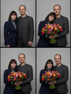 Создайте фотореалистичный коллаж в стиле кинематографической фотобудки размером 2×2, где четыре интимных портрета двух людей находятся в бесшовной сетке. Каждый кадр демонстрирует разные позы и выражения лиц, придающие изображениям живость и динамику. 