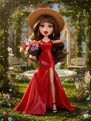 Create a new illustration based on the following prompt:

A young woman with long flowing hair wearing a vibrant red dress is standing confidently in a sunlit garden. She is holding a bouquet of colorful wildflowers in one hand and adjusting a wide-brimmed straw hat with the other. The sunlight filters through the leaves of the trees, casting dappled shadows on the ground around her. The woman's expression is serene and content, with a slight smile playing on her lips. The background features a variety of blooming flowers and lush greenery, creating a peaceful and idyllic setting. The overall atmosphere is one of tranquility and natural beauty. 