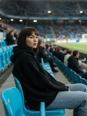 A figure in the stands at a major sports event, captured on a distant live broadcast camera. They are perched in a row of azure seats, reclining slightly, their gaze directed to the side in a moment of astonishment, lips subtly agape. 