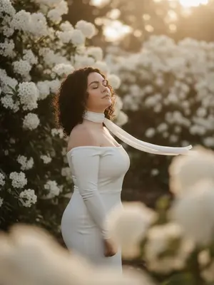 A woman stands gracefully amidst a lush garden filled with delicate white flowers in full bloom. Her profile is elegant, body angled away with her head tilted upwards towards the radiant sunlight, eyes peacefully closed in contemplation.

The camera captures her from mid-thigh to head, providing a captivating view of her serene expression. The angle is slightly below eye level, creating an intimate and engaging perspective with an 85mm lens.

She is adorned in a long, form-fitting white dress with sleek sleeves that extend to her wrists, the design featuring an alluring off-the-shoulder style that reveals her bare shoulders. A delicate white ribbon scarf adorns her neck, its ethereal fabric fluttering gently in the breeze as it gracefully extends across the frame.

The garden is alive with the dense white blossoms that envelop the woman, mirroring the serene beauty of the scene. In the foreground, the flowers are softly blurred, partially obscuring the bottom and right side of the frame, adding a sense of depth and dimension.

The background is filled with a soft, dreamy display of white blossoms and warm bokeh, creating a tranquil and enchanting backdrop for the woman. The golden hour sunlight bathes the scene from the top right, casting a strong, warm backlight that creates a glowing rim light on her hair and shoulders, with the sun peeking through the branches in the distance.

The lighting accentuates the woman's features with a shallow depth of field, ensuring she remains sharp and in focus while the foreground and background blend into soft, gentle bokeh. The overall atmosphere is imbued with warm, cinematic tones, soft highlights, and a photorealistic quality that captures every intricate detail of the scene. 