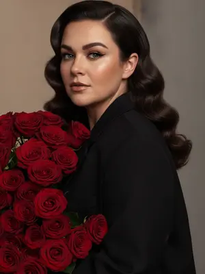 Великолепный fashion-портрет в стиле luxury editorial, показывающий женщину в крупном плане с пояса. Она изогнулась к огромному, великолепному букету, который наполняет передний план кадра. Ее взгляд наполнен мягкостью и уверенностью, направленный прямо в объектив.
На ней черный оверсайз-пиджак премиум-класса с четкими линиями плеч. 
Макияж выполнен в стиле luxury soft glam: длинные, пышные ресницы с эффектом лисьих, графичные черные стрелки, ламинированные брови, легкое контурирование, персиковые румяна, золотистый хайлайтер, губы с четким контуром в нюдово-коричневых тонах и блестящим финишем.
Фон остается минималистичным и нейтральным, в теплых бежево-серых оттенках, лишен лишних деталей. Освещение сочетает мягкий студийный свет с прямой вспышкой камеры, создавая контрастные оттенки, естественные блики на коже, лепестках роз и ткани пиджака. Глубокие, но мягкие тени подчеркивают объем и создают атмосферу роскошной журнальной съемки.
Изображение полно деталей: текстура кожи с видимыми порами, отдельные пряди волос, бархатистые лепестки, фактура ткани пиджака. Фото обладает живым RAW-эффектом, легким пленочным зерном, без ретуши, без пластичности кожи, без искусственных AI-эффектов. 